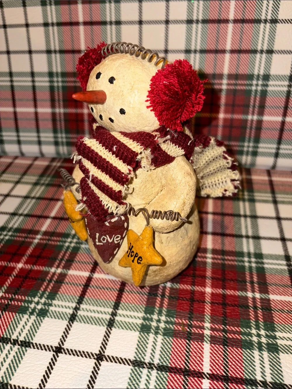 Handcrafted Primitive Holiday Snowman Figurine with Red Accents